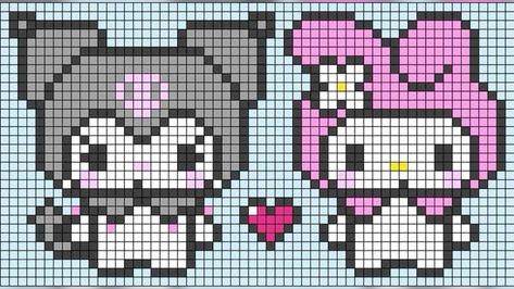 Pixel Art Pattern Kuromi, My Melody Grid Pattern, My Melody Cross Stitch Pattern, My Melody Kandi Pattern, Perler Bead Patterns My Melody, Sanrio Beads Pattern, My Melody Pixel Art Grid, Kuromi And My Melody Pixel Art, Pixel Sanrio Art