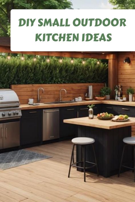 Outdoor kitchen with grill, sink, and wooden countertops, surrounded by greenery. Outdoor Kitchen On A Budget, Outdoor Kitchen Diy, Kitchen Diy Ideas, Small Outdoor Kitchen Design, Kitchen Flooring Trends, Kitchen Tile Inspiration, Ensuite Bathroom Designs, Small Outdoor Kitchen Ideas, Industrial Chic Kitchen