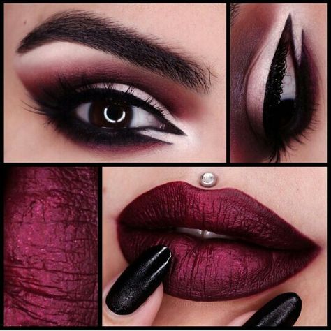 Metallic maroon_crimson Maquillage Yeux Cut Crease, Burgundy Lipstick, Drag Make-up, Dark Lipstick, Smink Inspiration, Makijaż Smokey Eye, Make Up Looks, Makeup Goals, Eye Make