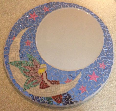 Fairy on the moon mirror! Mosaic Fairy Mosaic, Mosaic Fairy, Outdoor Mosaic, Mosaic Art Diy, Moon Mirror, Mosaic Ideas, Mirror Mosaic, Mosaic Projects, On The Moon