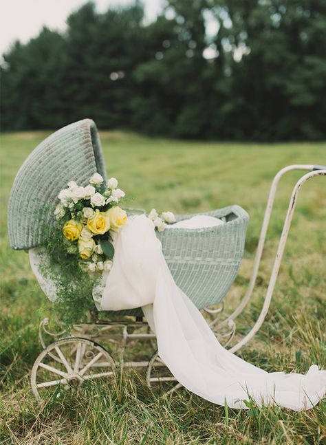 Vintage Glamour Maternity Session - Inspired By This Vintage Baby Announcement, Carriage Maternity Shoot, Vintage Stroller Decor, Bassinet With Flowers, Vintage Style Photoshoot, Baby Carriage With Flowers, Vintage Baby Shower Ideas, Vintage Stroller Baby Shower Decor, Vintage Baby Stroller