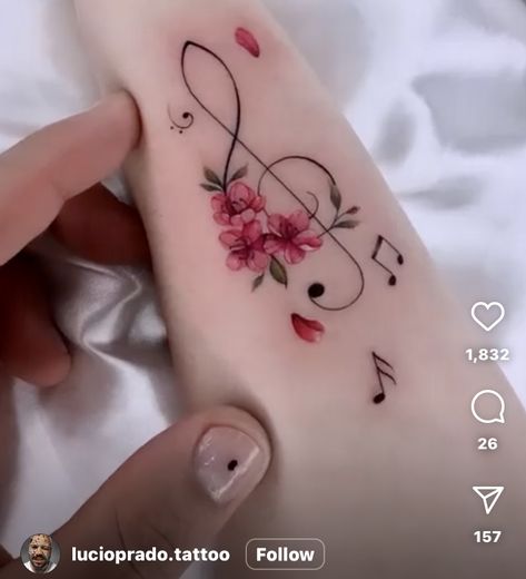 Flower With Music Notes Tattoo, Sakura Moon Tattoo, Feminine Music Tattoos, Trouble Clef Tattoo, Spine Tattoos For Women Music, Floral Treble Clef Tattoo, Musical Note Tattoos For Women, Music Inspired Tattoos For Women, Musical Tattoos For Women