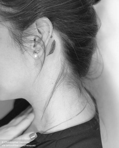 Feather Ear Tattoo Behind The, Feather Tattoo Back Of Neck, Arrow Ear Tattoo, Small Feather Tattoo Behind Ear, Behind The Ear Feather Tattoo Ideas, Behind The Ear Feather Tattoo, Neck Feather Tattoo, Feather Behind The Ear Tattoo, Small Budgie Tattoo