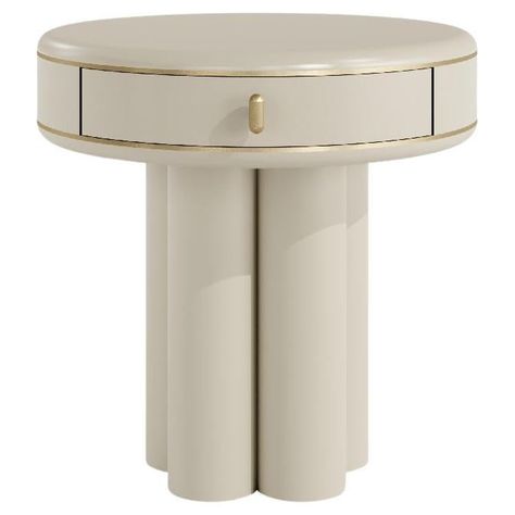 The Ethereal bedside table exudes sophisticated luxury with its graceful design. With a round top and cylindrical legs, this piece can be finished in lacquered or wood, providing versatility for different decor styles. Inspired by natural forms, the table incorporates a discreet drawer and antique brass details, combining practicality with aesthetic charm, making it a perfect addition to any sophisticated bedroom. Show in structure Lacquered LAM03 and details & handle Antique Brass MT01. Essence Round Bed Side Table, Night Stand Design, Minimal Bedside Table, Modern Bedside Table Design, Row Housing, Organic Modern Furniture, Round Bedside Table, Leather Bedside Table, Modern Bedside Tables