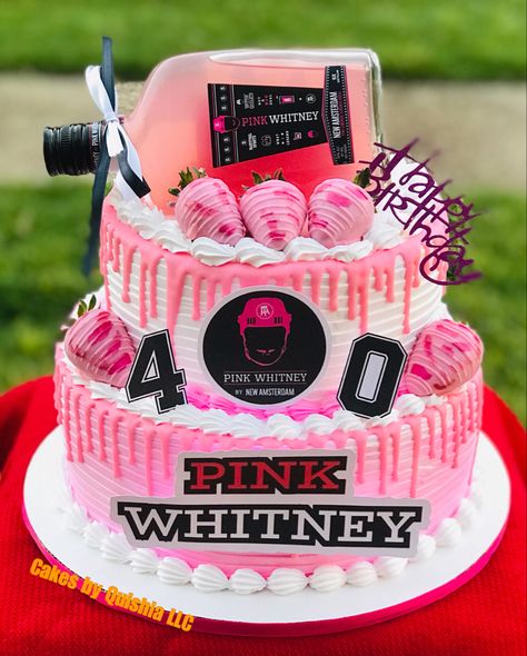 #pinkwhitney #pink #liquor #vodka #40thbirthday #2tier #birthday #birthdaycake Pink Whitney Cocktails, Pink Whitney Birthday Cake, Pink Whitney Cake, Pink Hennessy Cake, Pink Whitney Vodka Logo, Pink Whitney Vodka Drinks Aesthetic, Liquor Cake, Sport Cakes, Cute Birthday Cakes