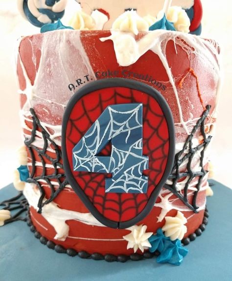 Marshmallow web, fondant decorations Number 4 Spiderman Cake, Square Spiderman Cake Ideas, Spider Web Cake Marshmallow, Spiderweb Cake Marshmallow, Spiderman Cake Marshmallow Web, Spiderman Cake, Fondant Decorations, Cake Creations, Cake Art