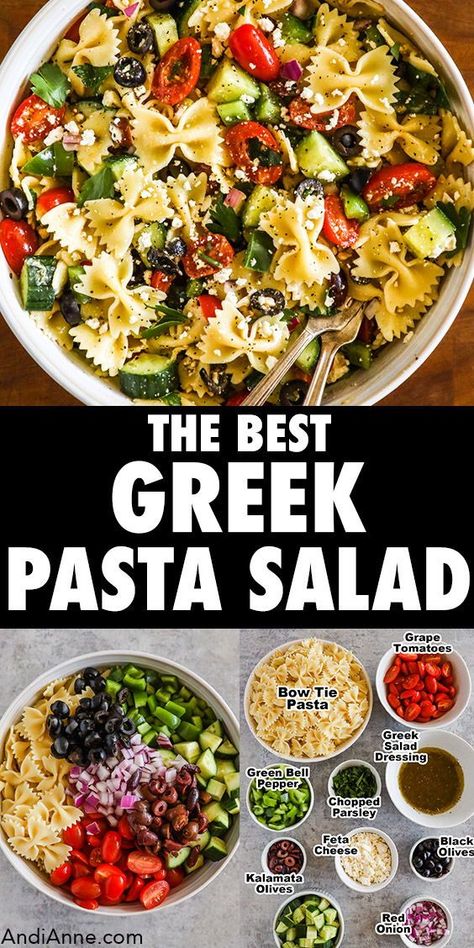 This easy greek pasta salad recipe has so much delicious flavor. It's served cold and can be a side dish or lunch idea. Great for meal prep, picnics, barbecues, church potlucks or summer meals. Easy Greek Lunch Recipes, Greek Potluck Dishes, Taziki's Pasta Salad Recipe, Cold Served Meals, Vinegar Based Pasta Salad, Cold Pasta For Kids Lunch, Easy Pasta Salads For Parties, Cold Pot Luck Dishes, Greek Barbecue