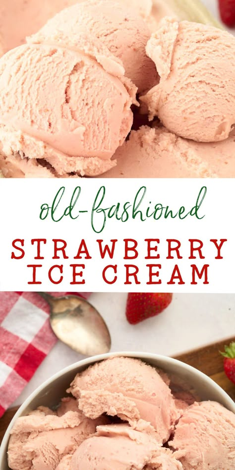 Old-Fashioned Strawberry Ice Cream Recipe (Sweet Creamy) Strawberries And Cream Ice Cream, Best Strawberry Ice Cream Recipe, Base Ice Cream Recipe, Old Fashioned Strawberry Ice Cream, Strawberry Frozen Custard, Strawberry Ice Cream Kitchenaid Recipes, Homemade Strawberry Ice Cream Recipes Machine, Kitchenaid Strawberry Ice Cream, Amish Ice Cream Recipe