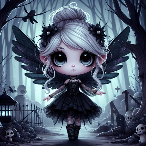 a cute animated gothic fairy, in a haunted forest 2 Goth Dolls, Scary People, Everyday Goth, Christmas Purple, Tinkerbell And Friends, Haunted Forest, Products Photography, Cute Goth, Gothic Fairy