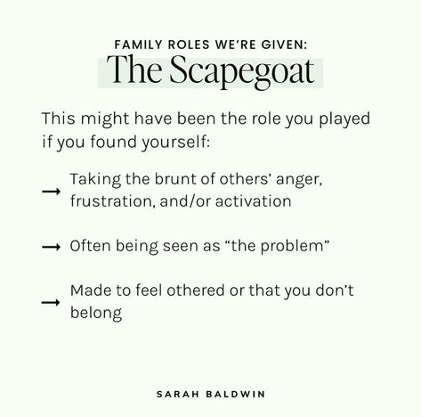 In a family system, roles like scapegoat, fixer, caretaker, and the helpless one are common. The scapegoat bears blame, the fixer resolves conflicts, the caretaker provides emotional support, and the helpless one often receives extra attention. These roles shape family dynamics and individual identities, often reflecting underlying issues and influencing how members interact and function together. #familysystems #familyroles #scapegoatchild #fixerchild #caretakerchild #helplesschild #familydy... Unhealthy Family, System Roles, Family Scapegoat, The Scapegoat, Family Roles, The Caretaker, Family Systems, Healing Space, Family Dynamics