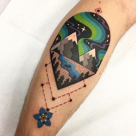 Northern lights with a cute lil moose and a forget-me-not for Devon the Alaskan dude! Thanks again man! Design inspired by my buddy @thedavidcote ✌️ Lights Tattoo, Tattoo Mountains, Northern Lights Tattoo, Moose Tattoo, Geometric Mountain Tattoo, Mountains Tattoo, Castle Tattoo, Nature Tattoo Sleeve, Tattoos Mandala