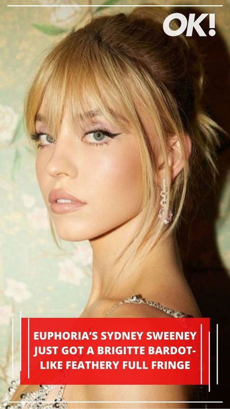 Sydney Sweeney Hair Bangs, Sydney Sweeney Bangs, Sidney Sweeney Hair, Fringe Hairstyles Blonde, Sydney Sweeney Makeup, Sydney Sweeney Hair, Bardot Fringe, Ariana Grande Bangs, Full Fringe Hairstyles