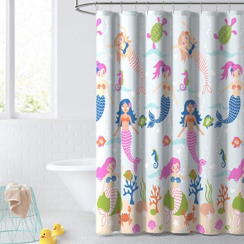 PRICES MAY VARY. 100% Polyester READY to DECORATE? Colorful and creative whimsical designs create a fashionably fun shower space for boys and girls INCLUDES 1 shower curtain; Measures 72 x 72 Inches to fit standard size bathtub showers; shower curtain liner and hooks are not included VERSATILE PRINTS Our shower curtains make decorating easy! Designed to conveniently coordinate and complement our Dream Factory Mermaid Dreams Bedding Set DURABLE 100% Microfiber fabric that lasts; Machine washable Mermaid Friends, Stylish Shower Curtain, Sea Adventure, Dream Shower, Sea Dress, Sea Horses, Ocean Floor, Fish Sea