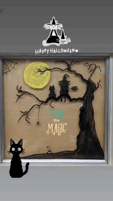 Halloween Window Mural, Halloween Window Chalk Art, Halloween Window Display Store Fronts, Easy Halloween Window Painting Ideas, Halloween Window Painting Ideas, Vitrine Halloween, Halloween Window Painting, Halloween Window Art, Fall Window Painting