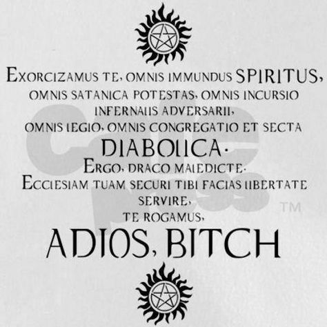 Latin incantation to exorcise a demon Supernatural Exorcism, Bobby Singer, Supernatural Quotes, Winchester Supernatural, Supernatural Memes, Witchy Things, Supernatural Fandom, Spiritual Warfare, Lunch Bags