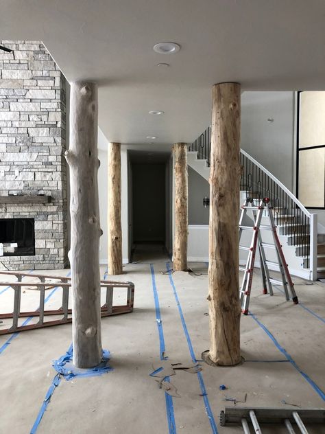 Log Wraps & Post Covers How To Cover Up Support Beams, Basement Posts Covers, Interior Post Wrap Ideas, Hiding Support Columns And Beams, Rustic Columns Interior, 4x4 Post Wrap Ideas, Basement Column Covers, Basement Post Covers Ideas, Pole Apartment