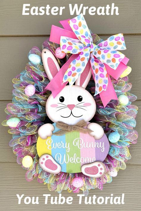 How To Make A Easter Wreath, Spring Wreaths Deco Mesh, Easter Egg Wreaths For Front Door, Easter Ribbon Wreath Diy, Dollar Tree Wreath Ideas Spring, Easter Craft Ideas To Sell, Easter Mesh Wreaths Diy, Dollar Tree Easter Wreath Diy, Easter Deco Mesh Wreaths Diy