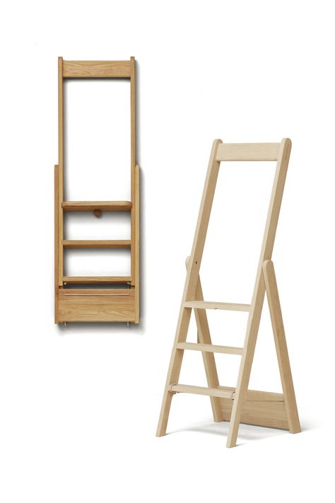 This versatile and high quality foldable three-step ladder is functional and well crafted. It features a deep-set top step for extra safety and comfort and a significant wooden support bar that finishes the design and provides good balance. The ladder can be folded and stored on the wall with the small wooden hook included, meaning the ladder can then double as a decorative object on the wall. The ultrastrong flagline prevents the ladder from clapping together when in use as well as preventing t Small Ladder, 3 Step Ladder, Wall Ladder, Step Ladder, White Oak, Step Stool, Decorative Objects, Step By Step, Bar