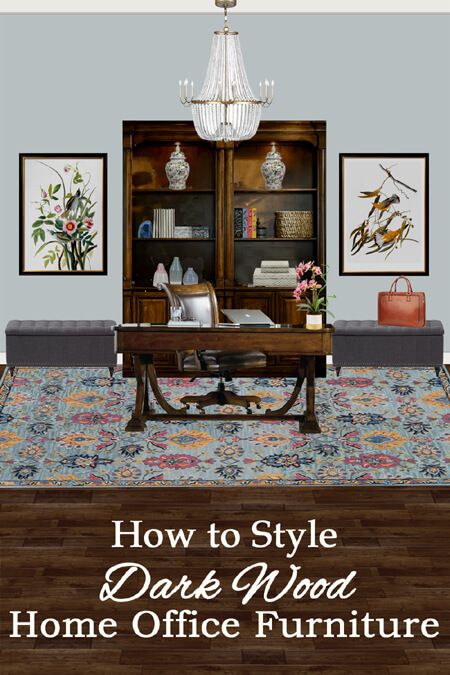 how to style dark wood furniture to make it feel lighter and brighter. how to style a bookcase. how to arrange a dark wood bookcase. Home inspo. Room ideas. Home decor. Room decor. Home. House interior. how to decorate with dark wood furniture. Cherry Office Furniture, Mahogany Office Decor, Home Office Cherry Wood, Home Office With Dark Wood Furniture, Dark Office Furniture, How To Style Dark Furniture, Dark Brown Office Desk, Mahogany Desk Office Decor, How To Style Mahogany Furniture