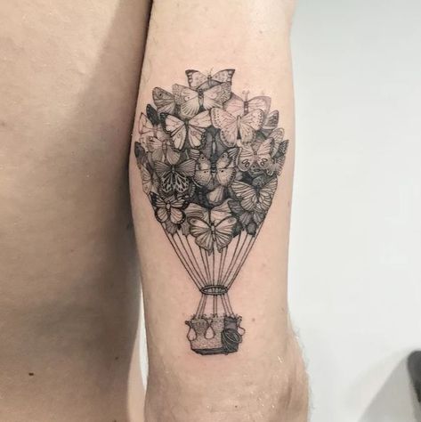 Tat Drawings, Tattoo With Butterflies, Hot Air Balloon Tattoo, Air Balloon Tattoo, Globe Tattoos, Balloon Tattoo, Heaven Tattoos, Tattoo Nature, Tattoo Shading