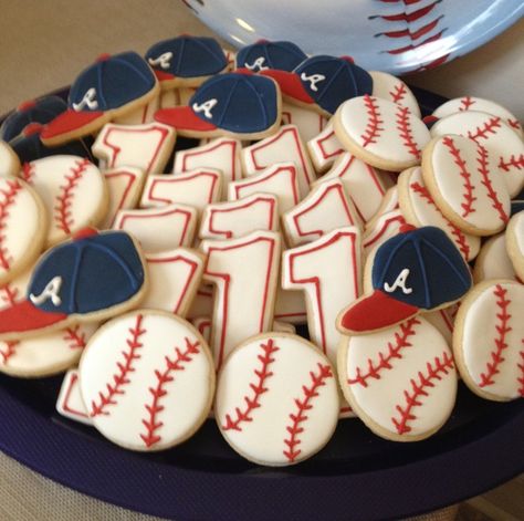 Baseball party ideas. Braves Themed Party, Braves Baseball Birthday Party, Baseball Hat Cookies, Atlanta Braves Birthday Party, Phillies Party, Atlanta Braves Birthday, Baseball Party Ideas, Baseball Theme Birthday Party, Braves Party