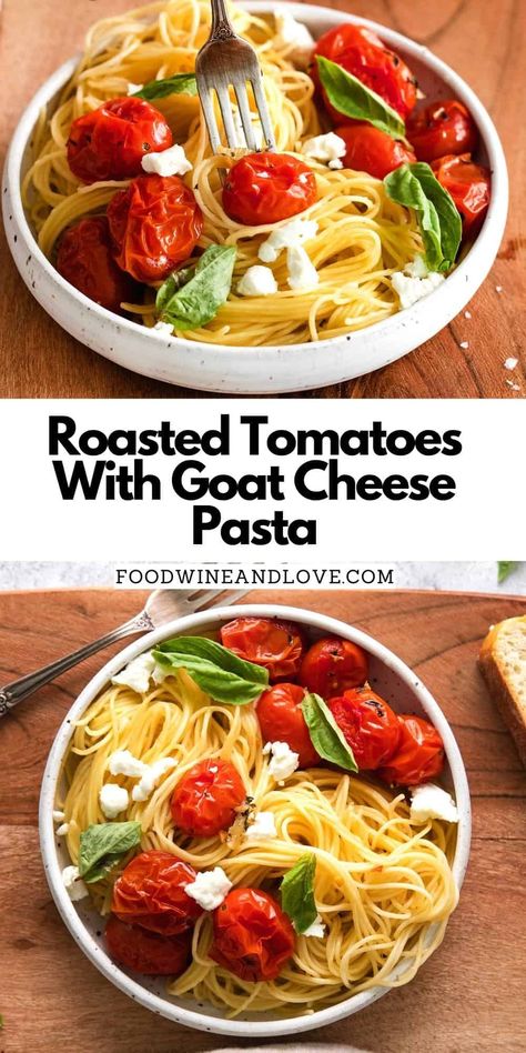 Roasted Tomatoes With Goat Cheese Pasta , A simple Mediterranean Diet Pasta Recipe with vegan and vegetarian options. Tomato And Goat Cheese Pasta, Mediterranean Diet Pasta, Diet Pasta Recipes, Pasta With Grape Tomatoes, Tomato And Goat Cheese, Diet Pasta, Goat Cheese Pasta, Tomato Basil Pasta, Healthy Weeknight Meals