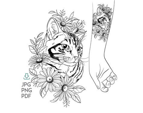 Custom Cat Tattoo Design Cat drawing DIGITAL PORTRAIT, Pet Outline Drawing from Photo with flower, Pet memorial Gift, Gift for Cat Lovers Cat Flowers Tattoo, Pet Cat Inspired Tattoos, Cat Memorial Drawing, Cat Tattoo Designs With Flowers, Pet Remembrance Tattoo Cat, Cat Portrait With Flowers Tattoo, Dog Memorial Tattoos, Cat Tattoo Designs, Custom Cat Portrait