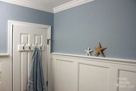 25 Dreamy Blue Paint Color Choices.  Copen blue, silver sage, Brittany blue Bathroom Wainscot, Coastal Paint Colors, Coastal Paint, Beach Studio, Theme Bathroom, Beachy Bathroom, Bathroom Beach, Board Batten, Blue Gray Paint