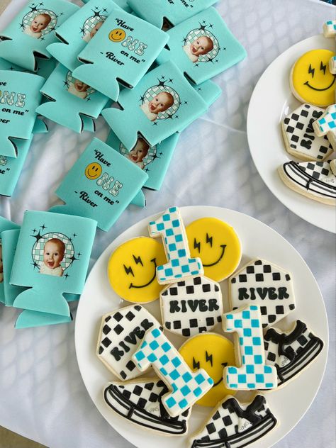 Blue black and white checkered smiley face first birthday party Smiley Face 1st Birthday Party, Smiley Face One Year Birthday, Blue One Happy Dude Birthday, One Happy Dude First Birthday Decorations, Smiley Face First Birthday, One Happy Dude First Birthday Food, One Happy Dude Food Ideas, One Happy Dude Birthday Cake, One Cool Dude First Birthday Party