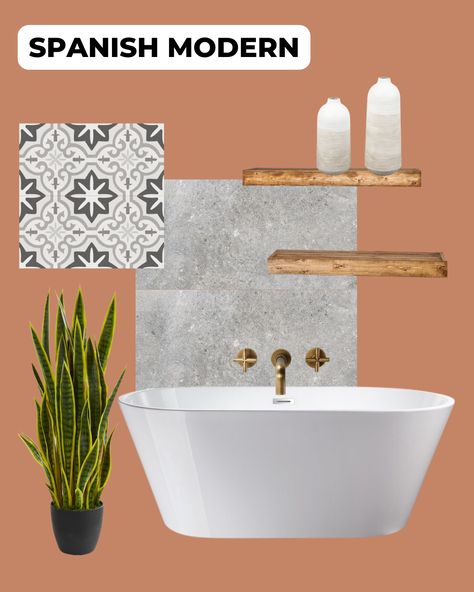 This week's ✨ Mood Board Inspo ✨ is Spanish Modern!⁠ ⁠ This design style is a mix of Rustic Spanish elements and Contemporary design. It's the perfect combination of character and minimalism. ⁠ ⁠ The design elements of this Spanish Modern look are:⁠ ⬜ Our Weston Tile in Grey as a Concrete Element ⁠ 💠 Our Nouveau Deco Tile⁠ 🛁 A Modern Tub⁠ 🌳 Raw Wood Shelving⁠ Shop our Weston and Nouveau Deco Tile at the link ⛓️ And don't forget to save this post for your next bathroom reno! Modern Bathroom Mood Board, Spanish Colonial Interior, Spanish Modern Bathroom, Spanish Colonial Interior Design, Bathroom Mood Board, Colonial Interior Design, Deco Tile, Modern Tub, Spanish Modern