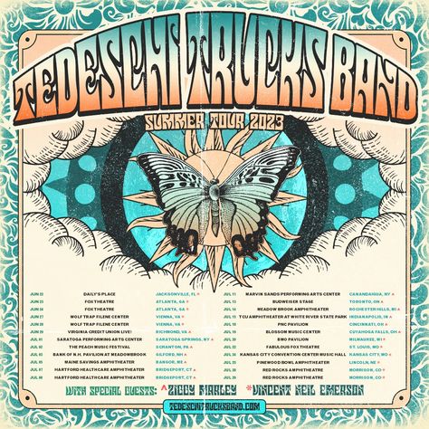 Tedeschi Trucks Band Announce Summer 2023 Tour! Tickets and details available at Country Music On Tour. #TTB #TedeschiTrucksBand Tour Dates Poster, Derek Trucks, Tedeschi Trucks Band, Jersey Bedding, Pink Floyd Poster, Ziggy Marley, Red Rock Amphitheatre, Veteran’s Day, Valentines Gifts For Boyfriend