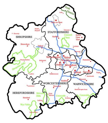 Map West Midlands Region of England British Isles Map, Midlands England, Coventry Cathedral, River Severn, Scotland Vacation, Little Britain, England Map, Peak District National Park, Satellite Maps