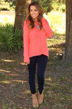 Coral Sweater Outfit, Orange Sweater Outfit, Jumper Dress Outfit, Coral Outfit, Color Melon, Winter Sweater Outfits, Coral Sweater, Sweater Outfits Fall, Neon Outfits