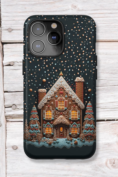 iPhone case of 3D embroidery effect Gingerbread House against starry night sky Christmas Phone Case, Gum Drops, Christmas Gingerbread House, Festive Treats, Christmas Gingerbread, Phone Cover, Holiday Spirit, Stars And Moon, Gingerbread House