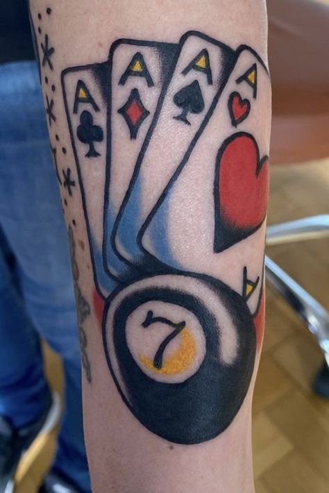 Traditional Tattoo Hand Holding, Hand Holding Card, Poker Tattoo, Cards Tattoo, Playing Card Tattoos, Liberty Tattoo, Dice Tattoo, Vegas Tattoo, Card Tattoo Designs