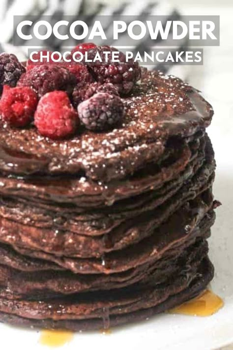 Cocoa Powder Chocolate Pancakes Healthy Chocolate Pancake Recipes, Easy Chocolate Pancakes, Easy Chocolate Pancake Recipe, Breakfast Ideas Chocolate, Easy Sweet Breakfast Recipes, Chocolate Pancakes With Cocoa Powder, Pancake Recipe Chocolate, Cocoa Pancakes, Chocolate Pancake Recipe