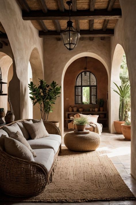 A cozy Mediterranean-style interior featuring arched doorways, rustic wooden ceilings, and natural decor like potted plants and woven rugs for a warm, inviting atmosphere. Rustic Mediterranean Interior Design, Minimalist Mediterranean, Mediterranean Minimalism, Arched Doorways, Rustic Mediterranean, Mediterranean Interior Design, Arch Doorway, Mediterranean Interior, Natural Decor