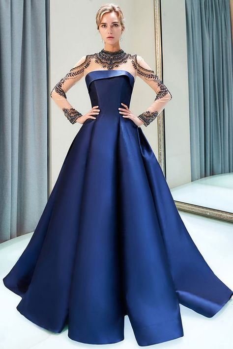 Court Train Prom Dress, High Neck Evening Dress, Elegant Evening Dresses Long, Satin Evening Gown, Prom Dresses With Pockets, Elegant Gowns, Mother Of Groom Dresses, Prom Dresses For Teens, Long Sleeve Prom