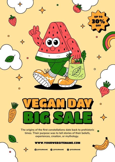 Hand-drawn Cool Watermelon Vegan Day Big Sale Poster Vegan Poster Design, Vegan Graphic Design, Big Sale Poster, Watermelon Poster, Vegan Poster, Fruit Poster, World Vegan Day, Marketing Poster, Self Portrait Poses