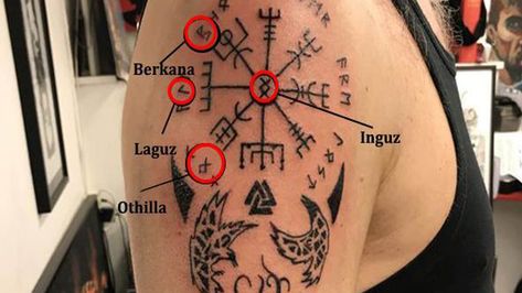 Aegishjalmur Tattoo, Vegvisir Tattoo Design, Vegvisir Tattoo, Symbol Tattoos With Meaning, Viking Rune Tattoo, Tattoos For Dad Memorial, Scandinavian Tattoo, Viking Tattoo Symbol, Viking Tattoo Sleeve