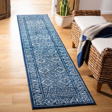 Safavieh Tulum Navy/Ivory 2 ft. x 9 ft. Runner Rug-TUL264N-29 - The Home Depot Bedroom Runner Rug, Bedroom Runner, Navy Living Rooms, Chic Area Rug, Moroccan Boho, Southwestern Rug, Navy Rug, Navy Blue Area Rug, Navy Area Rug