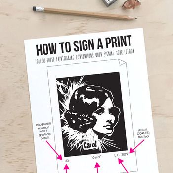 This A3 How to Sign a Print poster clearly shows the correct printmaking signing conventions. This can be easily displayed in your classroom near your press, or a great resource to give out to students. What's on the poster?Reminder to use greylead pencilWhere to write the edition number and print numberWhere to write the title of the printWhere to sign the printWhere to put the year the print was madeAny problems or queries, do not hesitate to contact me at leah@leahgrant.com.au or Instagram @l Types Of Printmaking, Printmaking High School, How To Print Posters, Art Classroom Posters, Printmaking Projects, Linocut Printmaking, Art Worksheets, Linocut Art, Printmaking Art