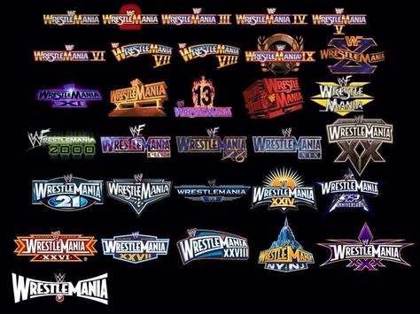 All WrestleMania logos Wrestlemania Logo, Wrestling Pictures, Wwe Art, Wwe Logo, Wwe Wrestlemania, Channel Logo, Animal Illustration Art, Wrestling Stars, Flag Art