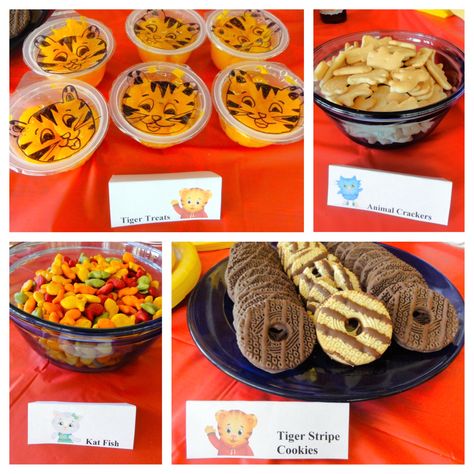 tiger treats (fruit cups), animal crackers, kat fish (goldfish), and tiger stripe cookies Daniel Tiger Party, Daniel Tiger Birthday Party, Tiger Birthday Party, Tiger Birthday, Daniel Tiger, Birthday Party Food, Third Birthday, 2nd Birthday Parties, Birthday Fun