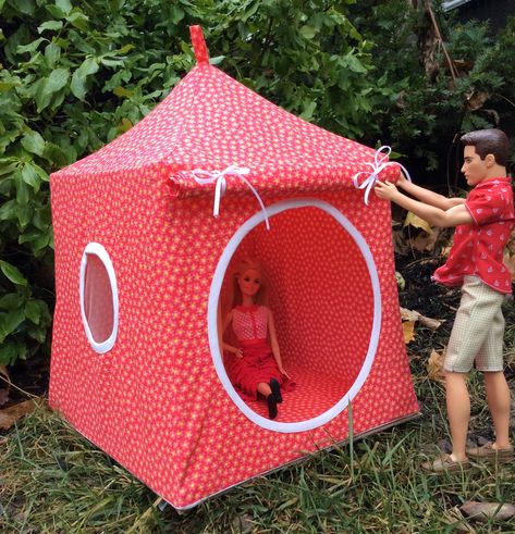 My custom made Pop-up tent for Barbie and Ken.  Almost finished. Barbie Tent Pattern Free, Diy Barbie Tent, Barbie Tent, Diy Doll Tent, Sleeping Bag Pattern, Dollhouse Bookshelf, Barbie Crafts, Diy Tent, Barbie Sewing