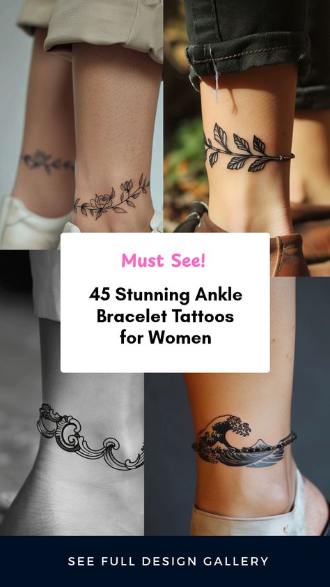 Explore 45 unique ankle bracelet tattoo ideas for women to elevate your style. This pin showcases varying designs that blend elegance with personal expression using 4 striking images. Ankle Bands Tattoos For Women, Ankle Cuff Tattoo For Women, Ankle Wrap Tattoo For Women, Fine Line Ankle Tattoos For Women, Anklet Tattoos For Women Unique, Ankle Bracelet Tattoos For Women, Ankle Tattoos For Women Classy, Inside Ankle Tattoos For Women, Anklet Tattoos Wrap Around