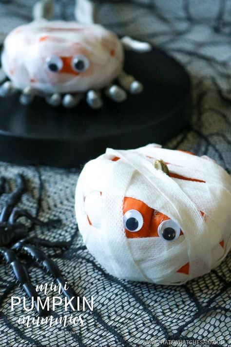 Halloween Kids Craft Idea - Mini Pumpkin Mummies Mummy Pumpkin Decorating, Decorating Mini Pumpkins For Kids, Decorating Mini Pumpkins, Mini Pumpkin Ideas, Painted Mini Pumpkins Ideas, Mini Pumpkin Crafts, Decorate Mini Pumpkins, Mini Pumpkin Decorating Ideas, Mini Pumpkin Decorating