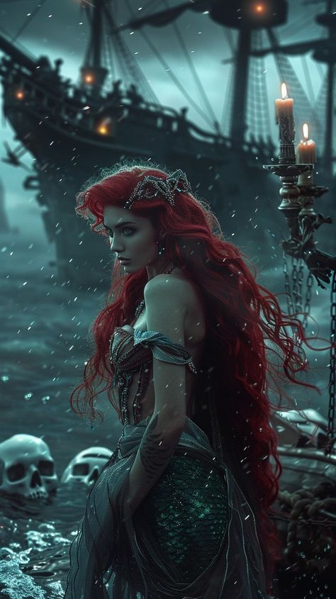 Siren Art Beautiful, Dark Siren Aesthetic, Siren Character, Red Hair Mermaid, Dark Mermaid Aesthetic, Pirate Mermaid, Fantasy Mermaids, Between Two Worlds, Unicorns And Mermaids