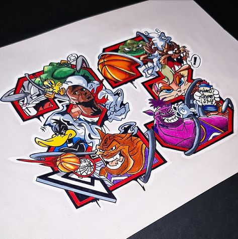 Monstars Space Jam Tattoo, Space Jam Drawings, Space Jam Tattoo, Space Jam Art, Space Jam Wallpaper, Monstars Space Jam, Jordan Painting, Looney Tunes Space Jam, Nba Artwork