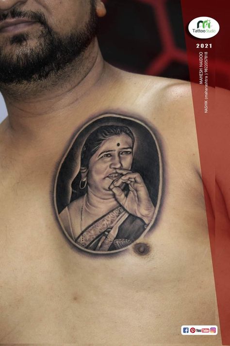 Mom Portrait tattoo inked by Mahesh Naidoo @ m tattoo studio Nashik Mom Portrait Tattoo, Potrait Tattoo, Papa Tattoo, M Tattoo, Mom Portrait, Family Tattoo Designs, M Tattoos, Family Tattoo, Family Tattoos